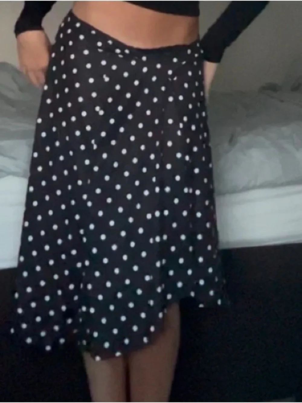Polka Dot Asymmetrical Midi Skirt in Black & White